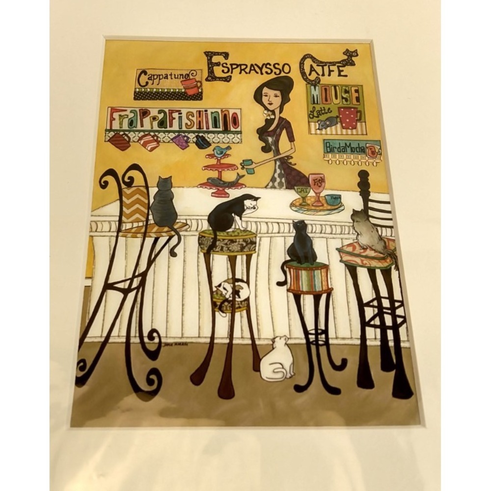 Jamie Morath Espraysso Catfe Art Print Cats Cafe Matted NIP 8x10